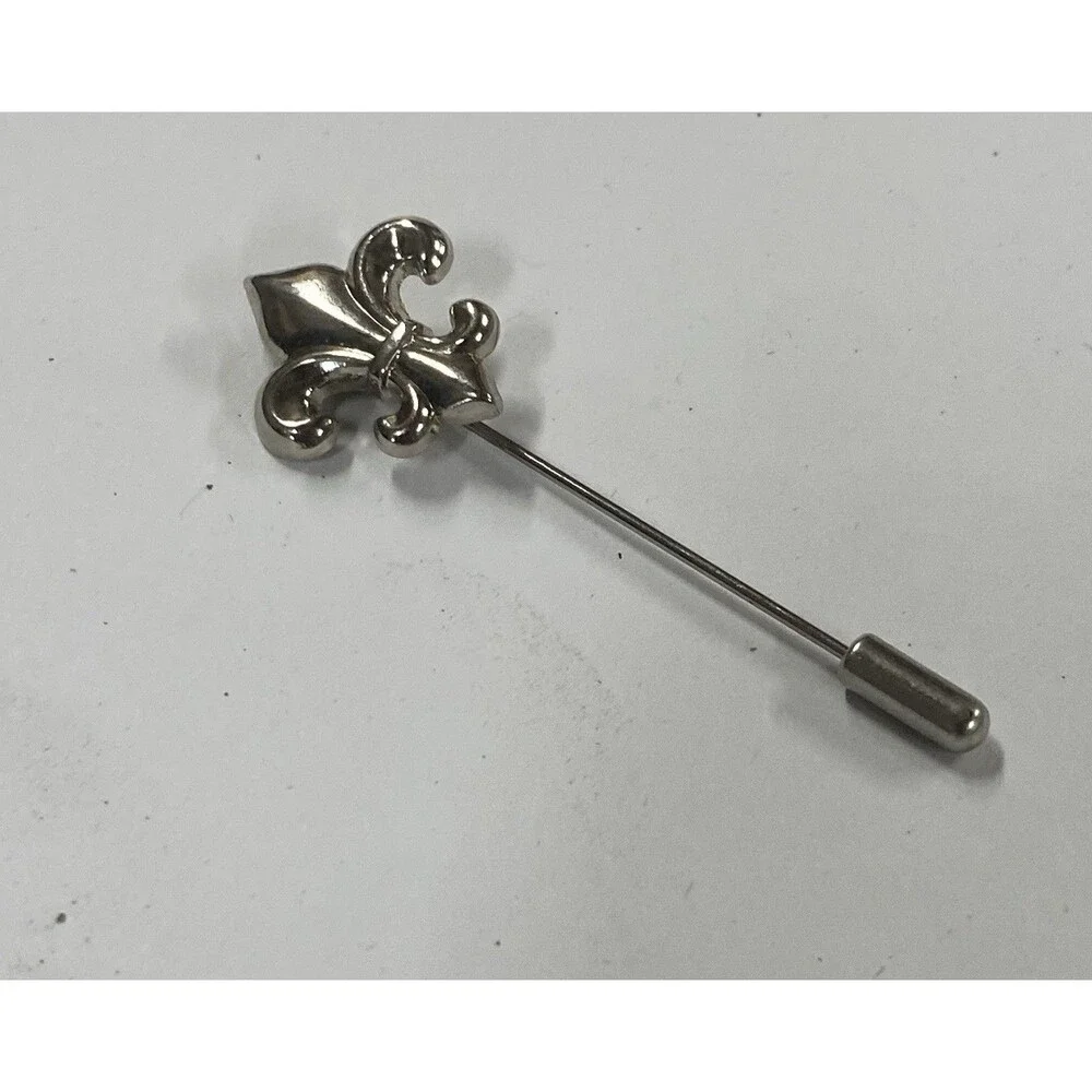 Vintage Fleur De Lis Stick Pin Lapel Pin Silver Tone French Lily Brooch Unisex